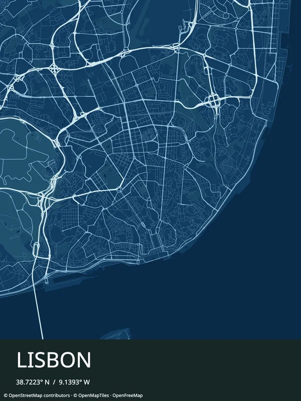 Lisbon map in Blueprint blue and white with a bold Modern poster caption and source credits.