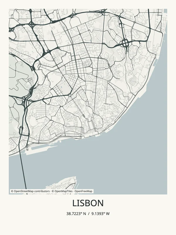 Lisbon map art in Minimal Ink, with black streets, pale water and a gallery caption showing the city coordinates.