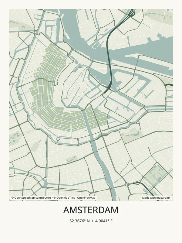 Amsterdam map art poster with the city title and coordinates.