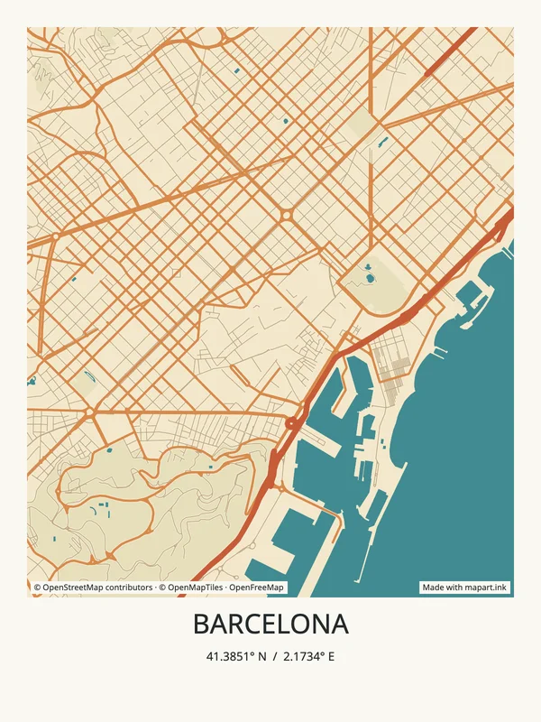 Barcelona map art poster with the city title and coordinates.