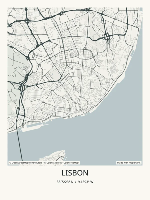 Lisbon map art poster with the city title and coordinates.