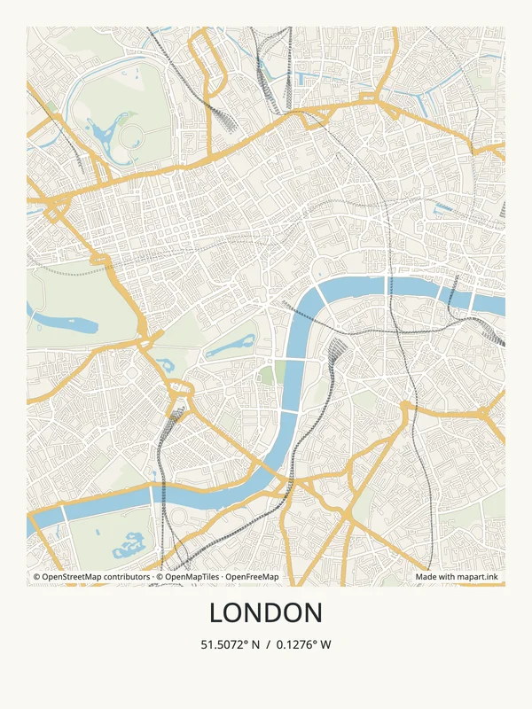 London map art poster with the city title and coordinates.
