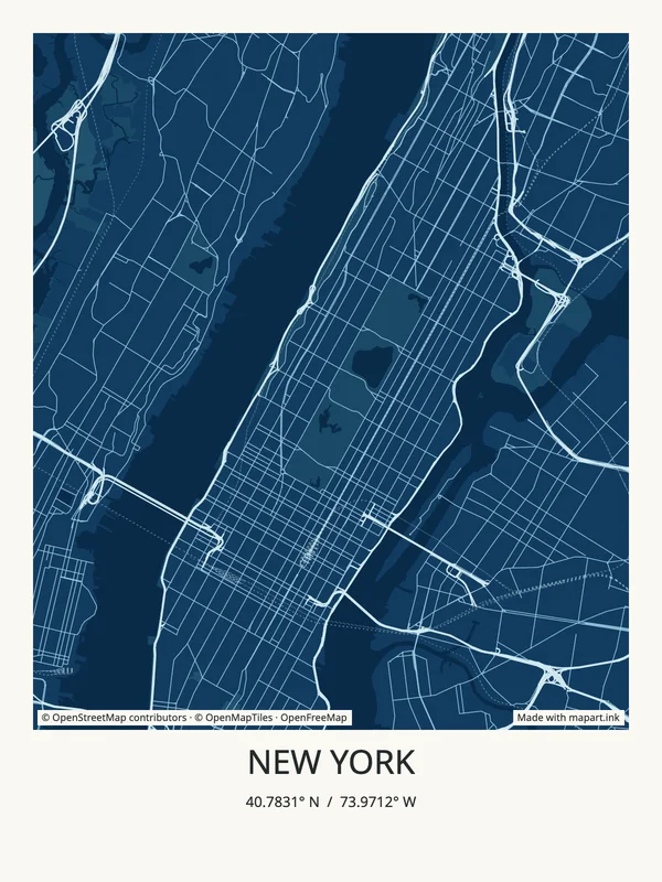 New York map art poster with the city title and coordinates.