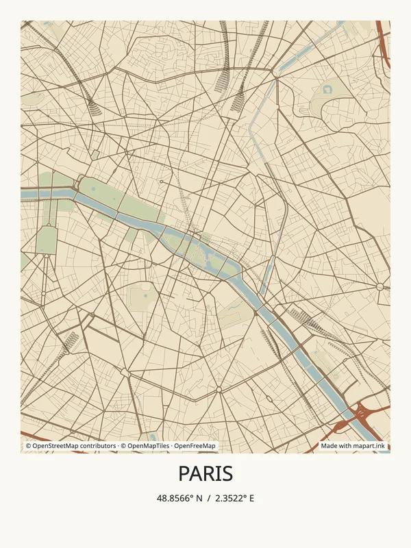 Paris map art poster with the city title and coordinates.