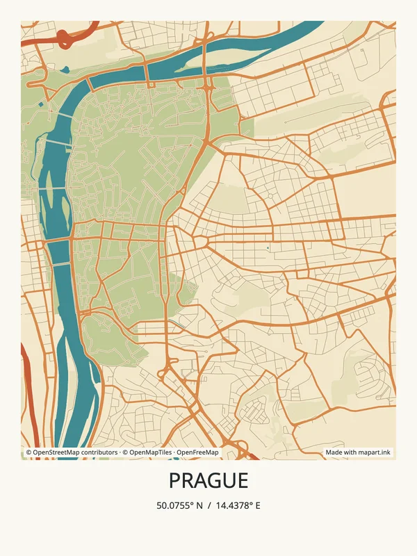 Prague map art poster with the city title and coordinates.