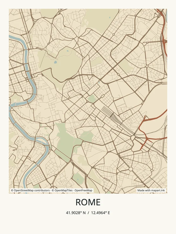 Rome map art poster with the city title and coordinates.