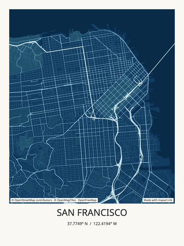 San Francisco map art poster with the city title and coordinates.