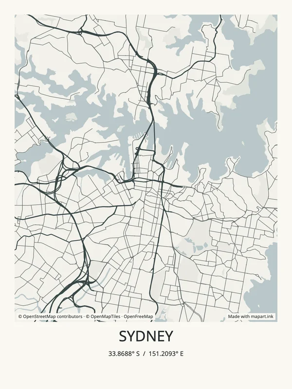 Sydney map art poster with the city title and coordinates.