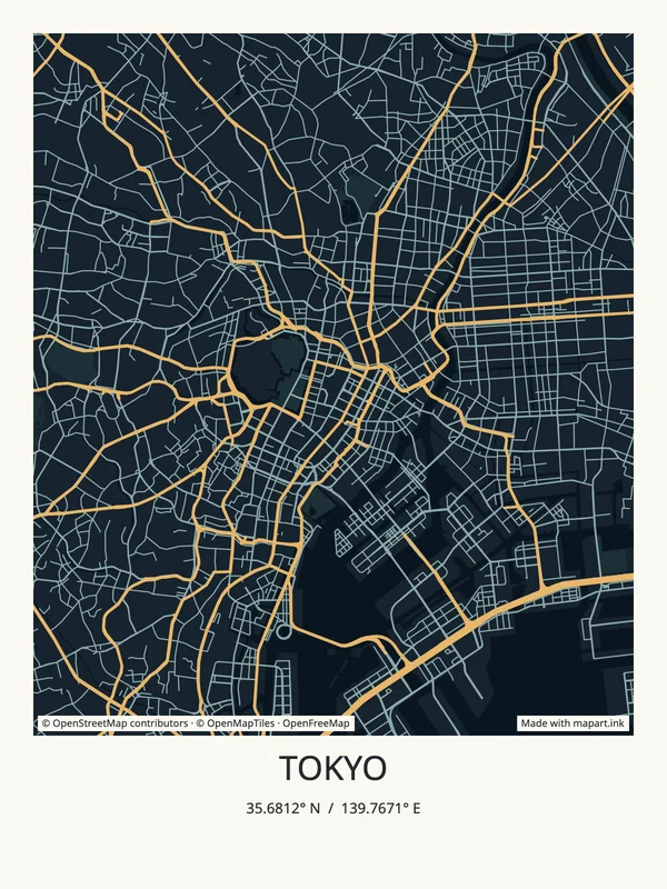 Tokyo map art poster with the city title and coordinates.