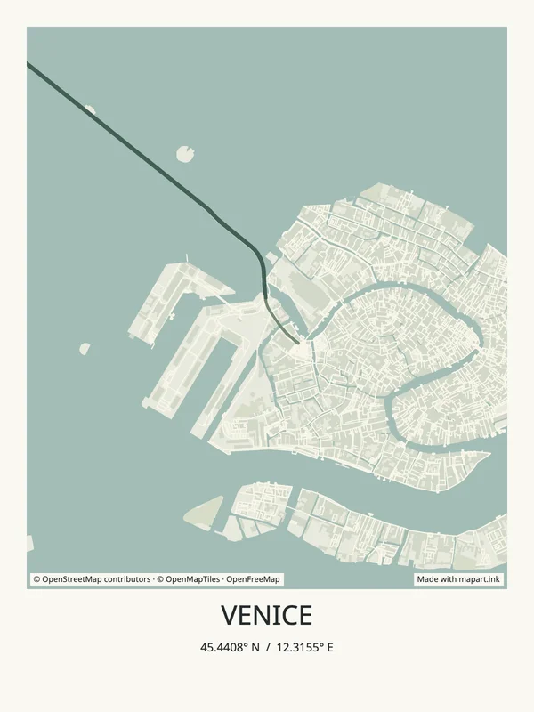 Venice map art poster with the city title and coordinates.
