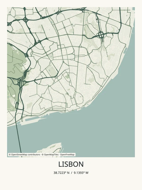 Lisbon map poster in soft Sage green with a Gallery caption and coordinates beneath the streets.