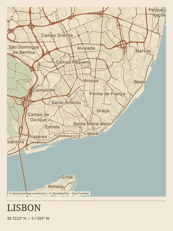 Lisbon street map in warm Vintage Atlas colors with a serif Atlas title and geographic attribution.